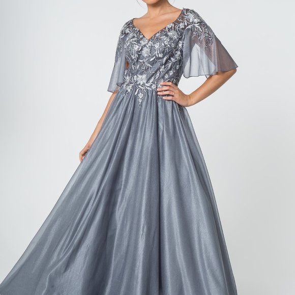 NEW LONG A-LINE CHIFFON DRESS EMBROIDERED WITH FLORAL LACE AND SEQUINS GL2830 - Picture 1 of 15